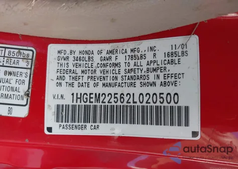 2002 Honda Civic Lx z USA, uszkodzony, nr VIN 1HGEM22562L020500